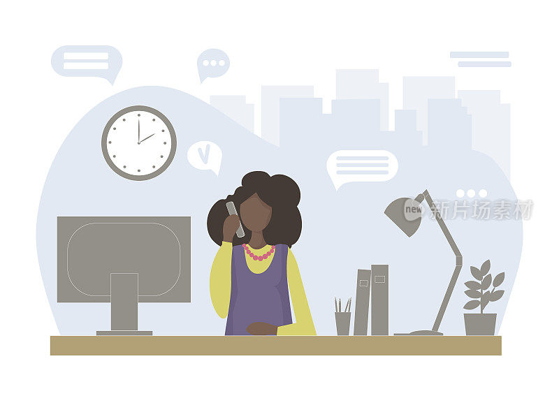 Successful beautiful Black woman at work. Against the background of the big city. At the table, in front of a computer, talking on the phone, conducting business negotiations. Vector flat design